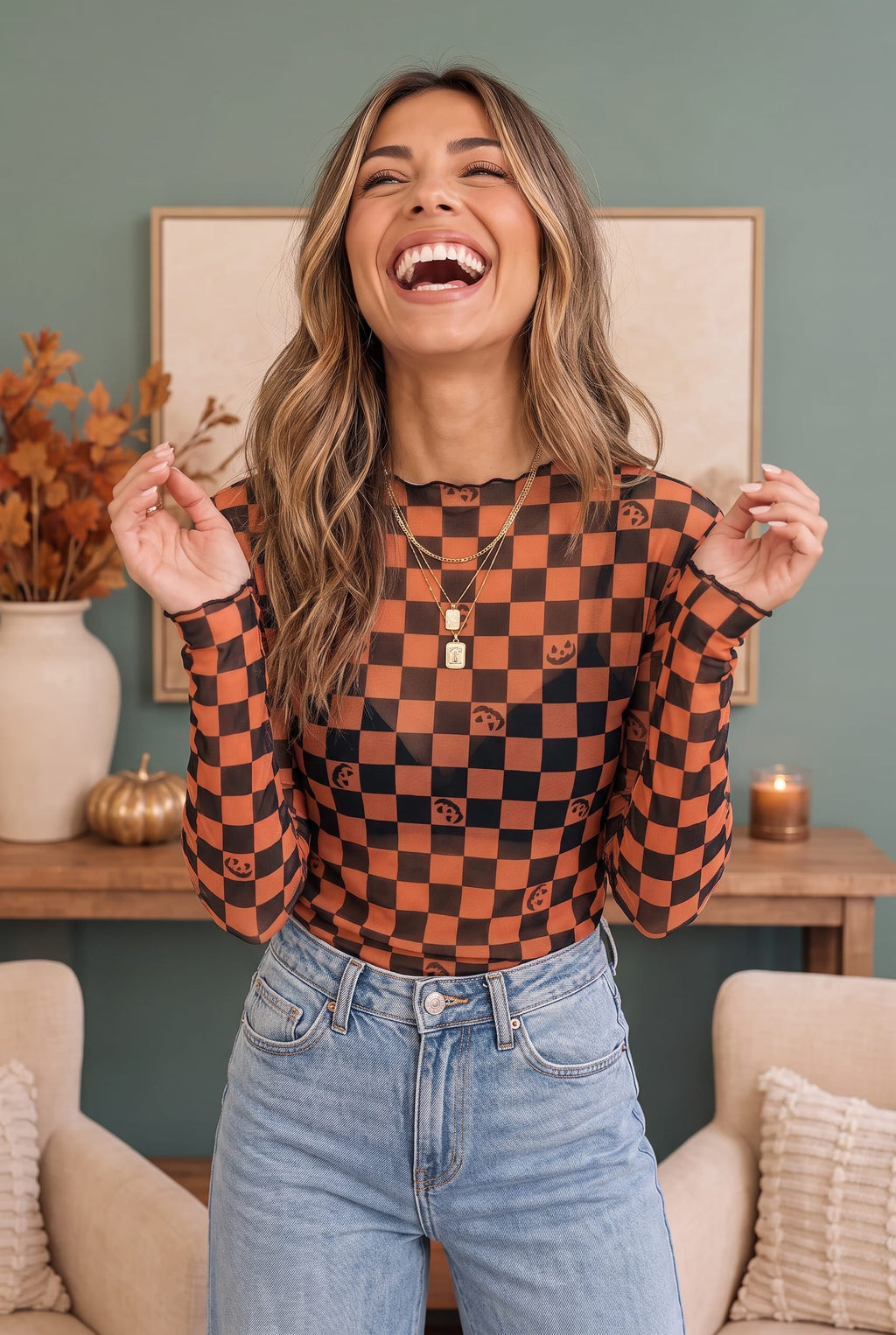 Spooky Checkered Pumpkin Mesh Long Sleeve Top