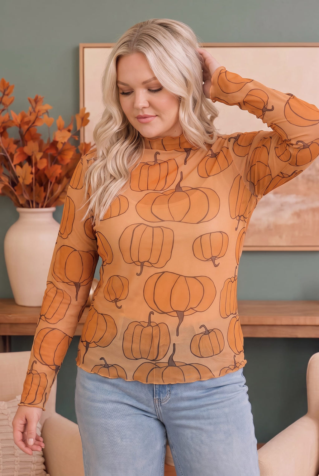 Pumpkin Patch Mesh Mock Neck Top