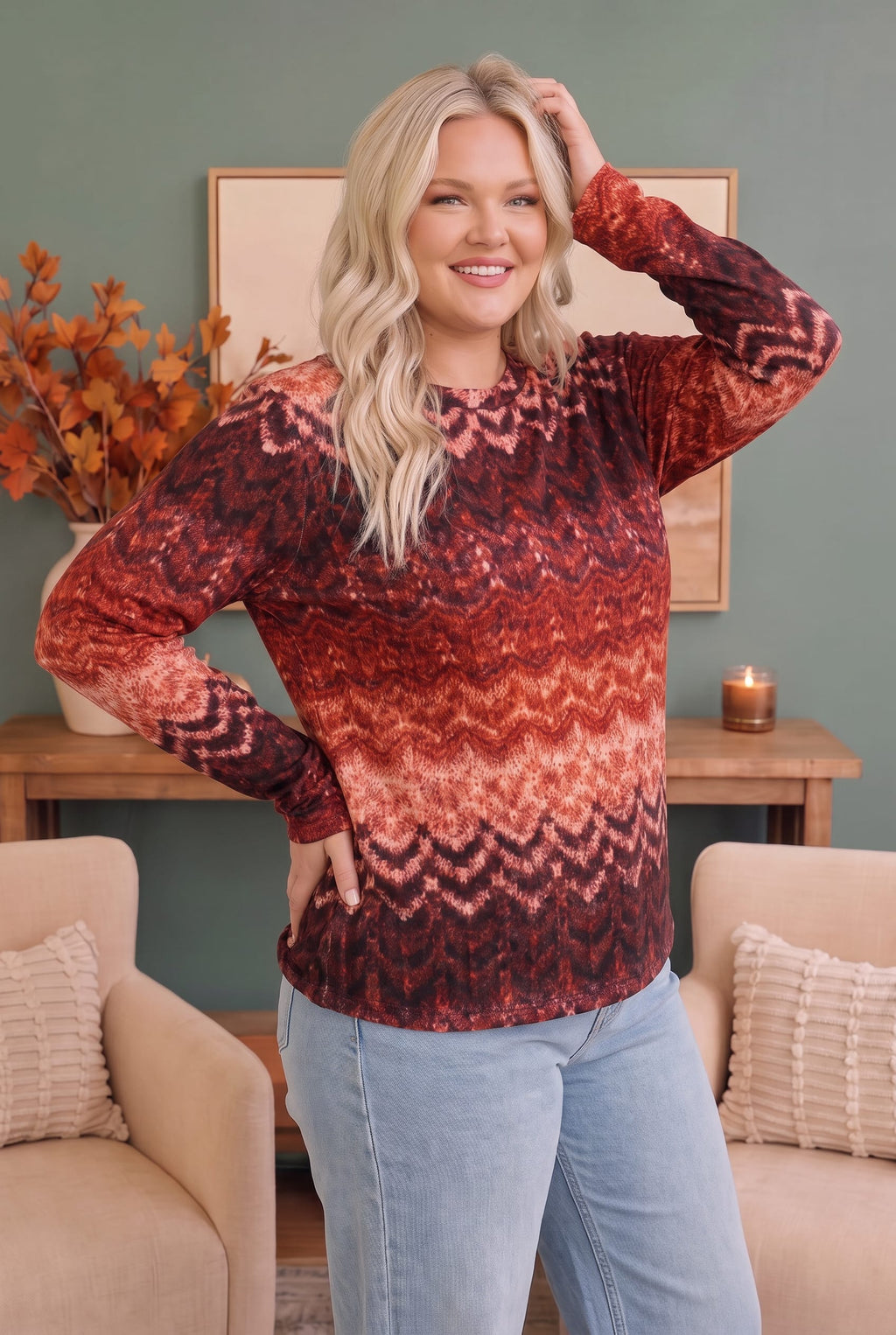 Zigzag Into Fall Burgundy Long Sleeve Top