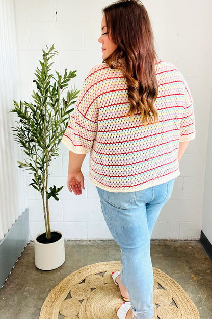 Stand Out Oatmeal & Lavender Stripe Netted Crochet Sweater Top