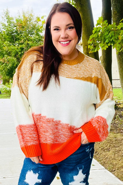 Adorable You Camel & Orange Color Block Sweater