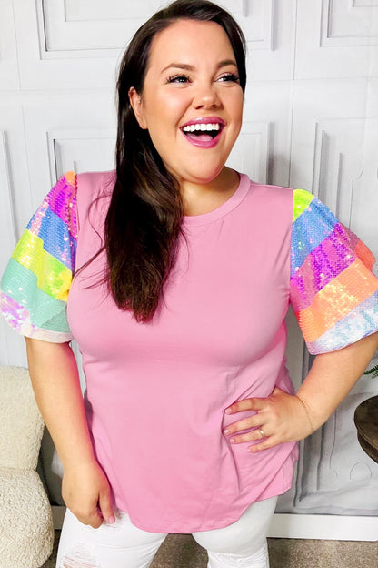 Stand Out Pink Rainbow Sequin Puff Sleeve Top