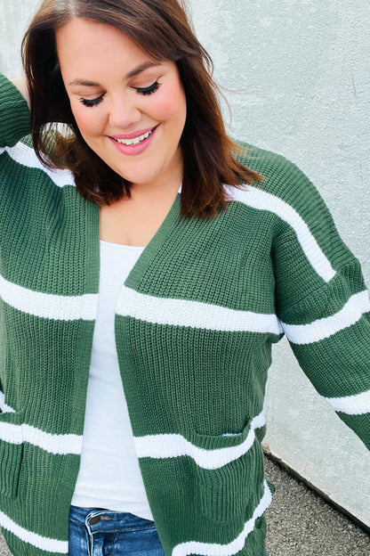 Hunter Green Stripe Open Sweater Cardigan