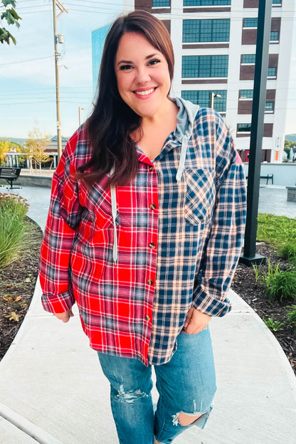 Main Attraction Red & Navy Plaid Color Block Button Down Hoodie