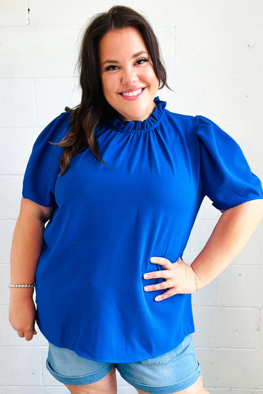 Lovely In Holiday Blue Frill Mock Neck Woven Top