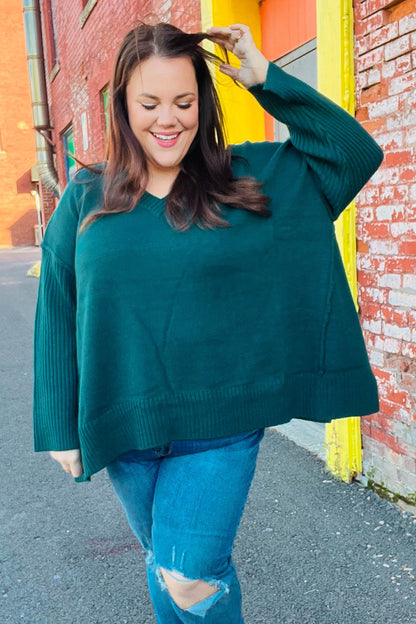 Casual Chic Hunter Green Oversized V Neck Rib Knit Sweater