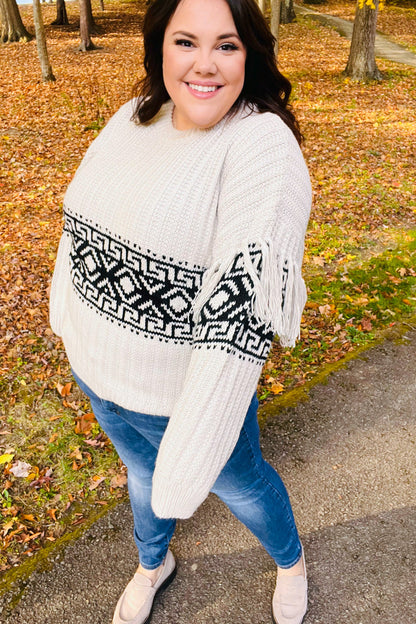 Ready For Anything Taupe & Black Tassel Aztec Sweater