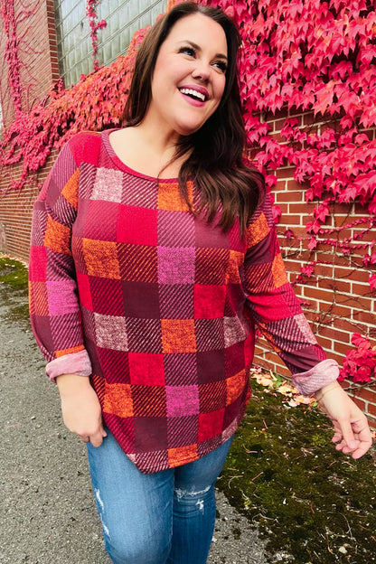 You Got This Burgundy Checker Plaid Print Hacci Knit Top