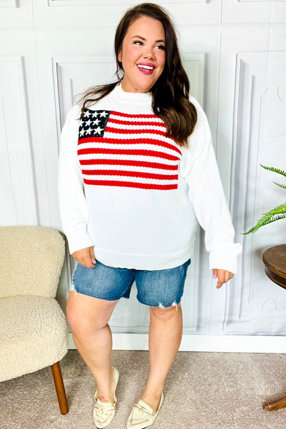 American Flag White Crochet Oversized Knit Sweater