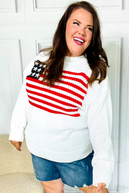 American Flag White Crochet Oversized Knit Sweater