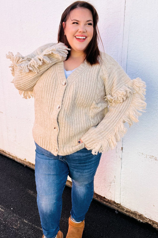 Weekend Ready Oatmeal V Neck Fringe Chunky Cable Cardigan