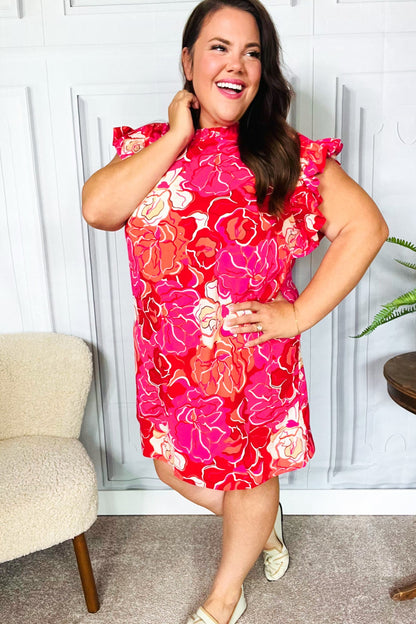 True Love Pink & Red Floral Smocked Ruffle Sleeve Dress