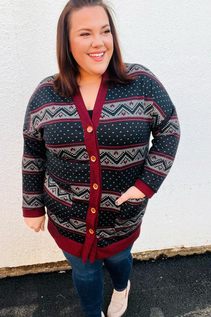 Classic Burgundy Holiday Print Button Cardigan