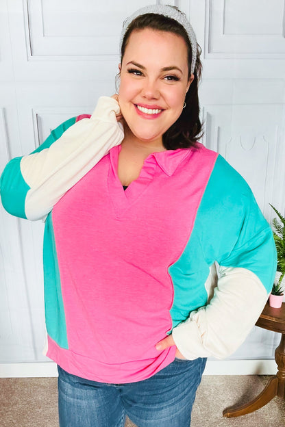 Stand Out Hot Pink & Mint V Neck Collared Terry Color Block Top