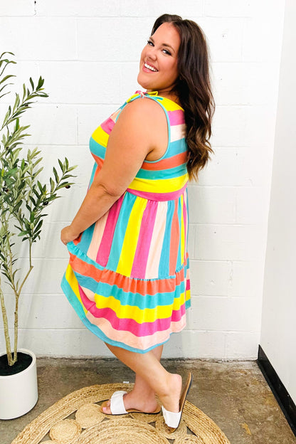 Start The Day Rainbow Stripe Shoulder Tie Tiered Dress