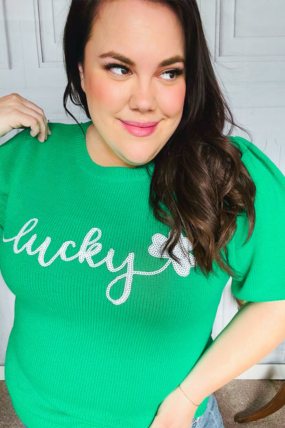 Lucky Lady Shamrock Green Sequin Puff Sleeve Knit Top