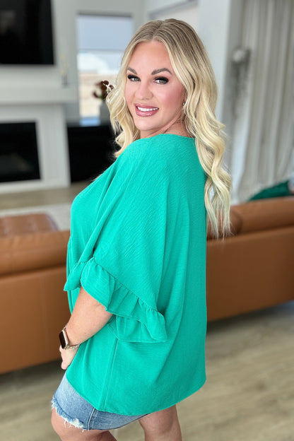 Airflow Peplum Ruffle Sleeve Top in Emerald