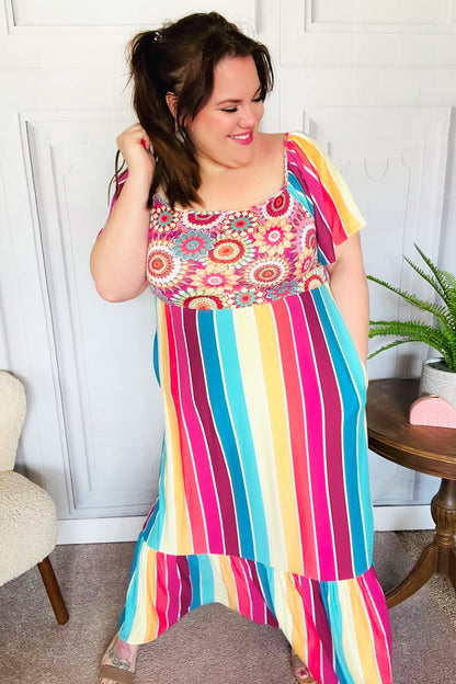 Feeling Bold Fuchsia & Teal Striped Medallion Crochet Print Dress