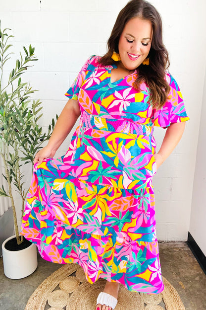 Tropical Trance Fuchsia Floral Smocked Waist Maxi Dress