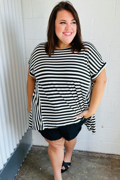 Black & White Stripe Hi-Lo Shark Bite Dolman Top