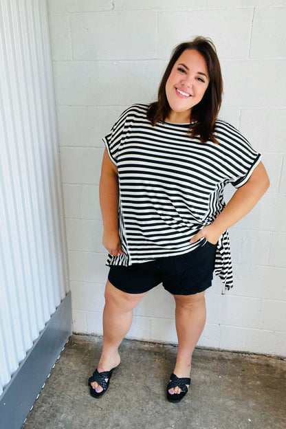 Black & White Stripe Hi-Lo Shark Bite Dolman Top