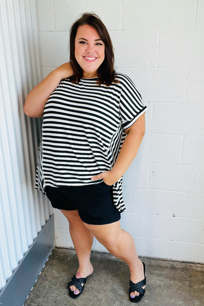 Black & White Stripe Hi-Lo Shark Bite Dolman Top