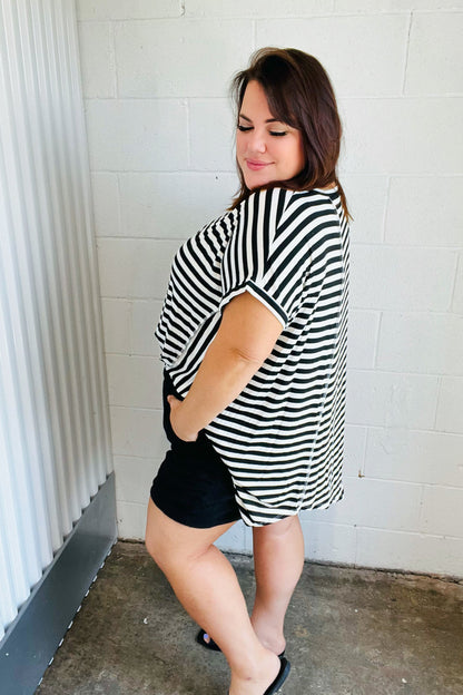 Black & White Stripe Hi-Lo Shark Bite Dolman Top