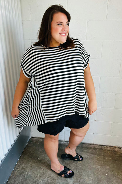 Black & White Stripe Hi-Lo Shark Bite Dolman Top