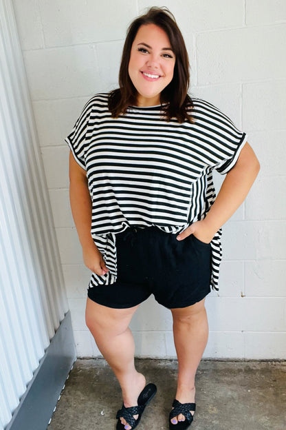 Black & White Stripe Hi-Lo Shark Bite Dolman Top