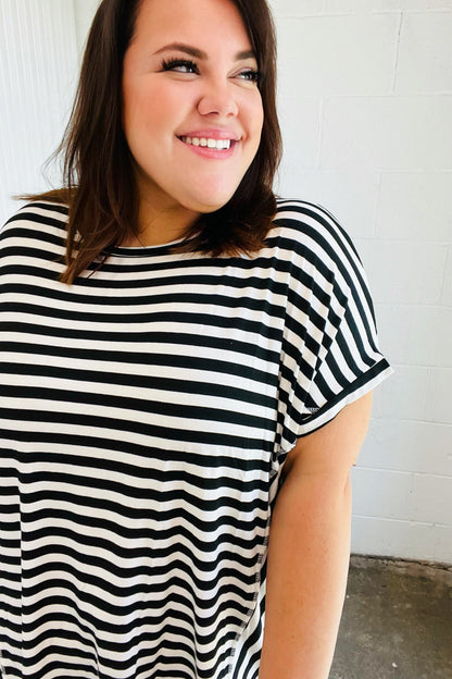 Black & White Stripe Hi-Lo Shark Bite Dolman Top