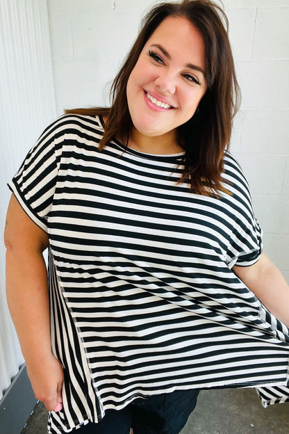 Black & White Stripe Hi-Lo Shark Bite Dolman Top