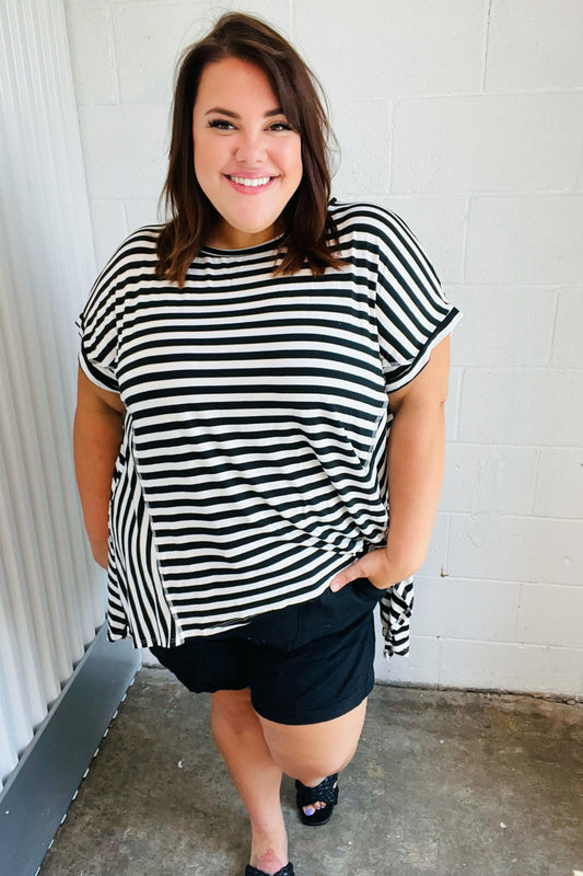 Black & White Stripe Hi-Lo Shark Bite Dolman Top