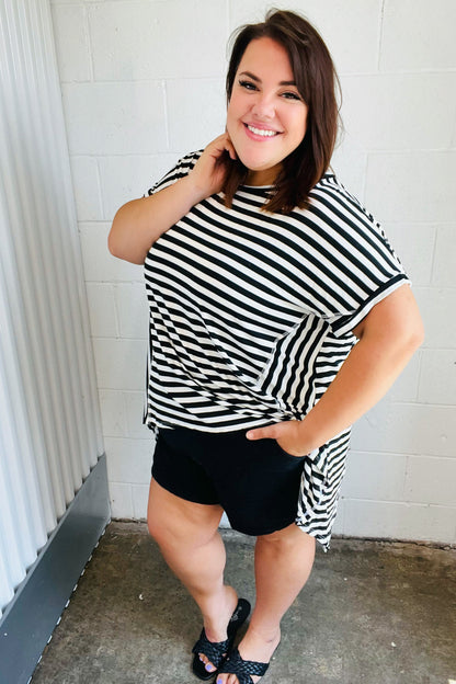 Black & White Stripe Hi-Lo Shark Bite Dolman Top