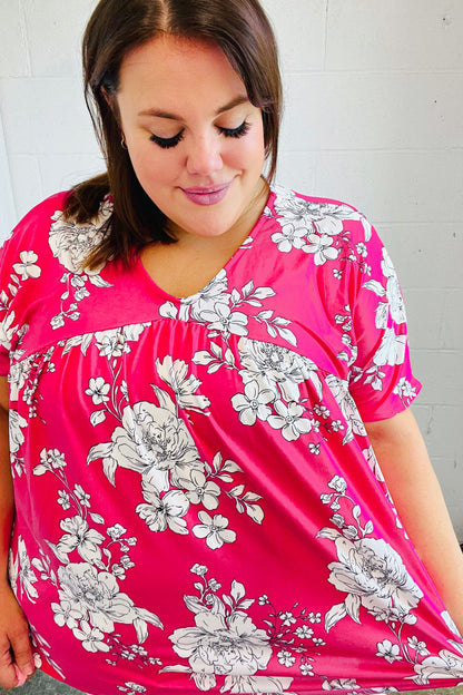 Fuchsia Floral V Neck Dolman Top