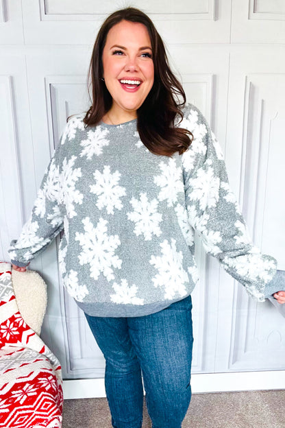 Season Greetings Silver Puffy Snowflake Sherpa Pullover