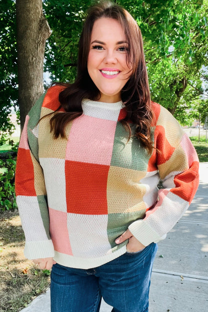 Be Bold Ivory & Rust Checker Jacquard Knit Sweater