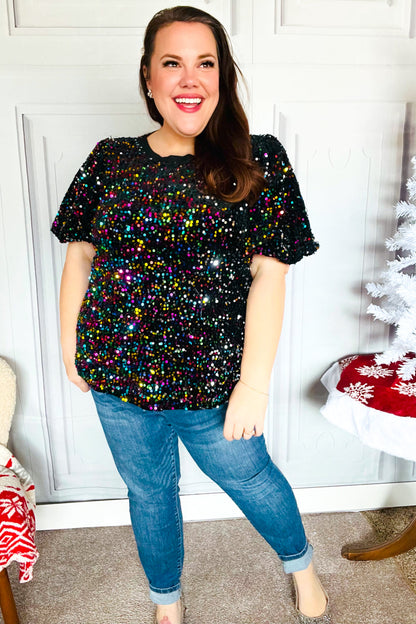 Holiday Ready Black Velvet Multicolor Sequin Puff Sleeve Top