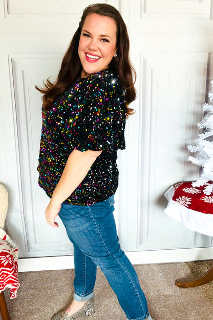 Holiday Ready Black Velvet Multicolor Sequin Puff Sleeve Top