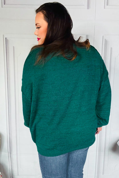 Lock Eyes Hunter Green Notched Neck With Patch Oversized Sweater