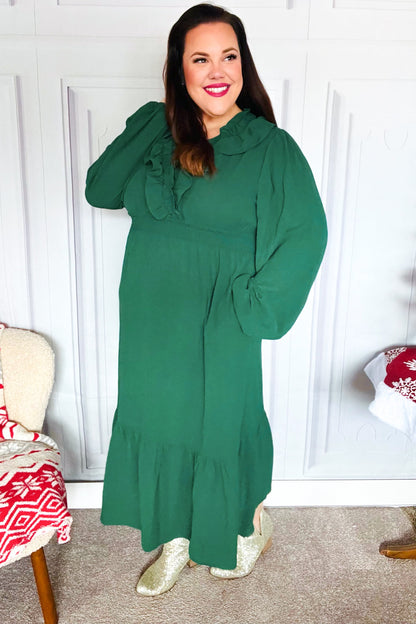 Beautiful You Holiday Green Overlap Ruffle V Neck Midi Dress