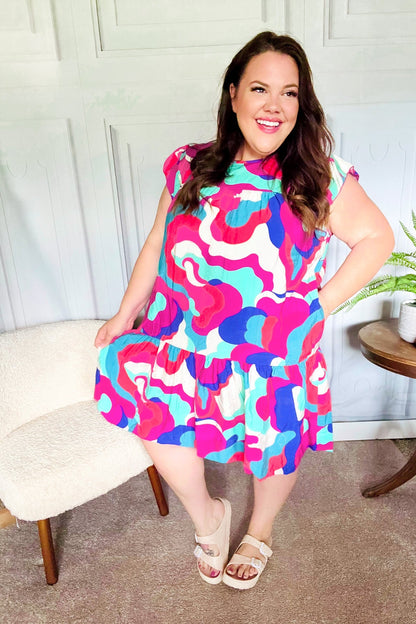 Go For Fun Fuchsia Geo Print Tiered Ruffle Sleeve Woven Dress