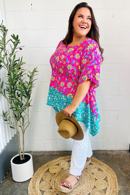 Vacay Ready Fuchsia Paisley Floral Dolman Sleeve Shark Bite Top