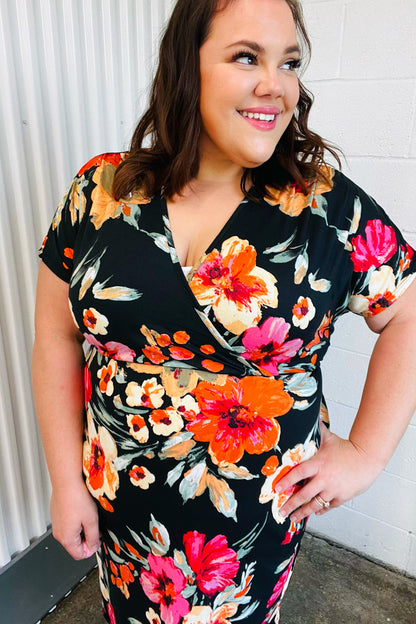 Black & Blood Orange Floral Surplice V Neck Dress