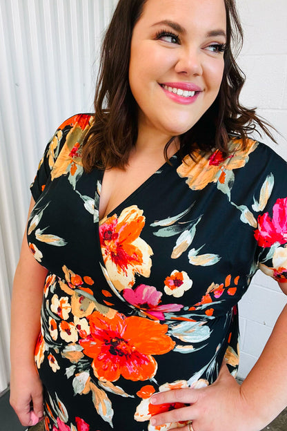 Black & Blood Orange Floral Surplice V Neck Dress