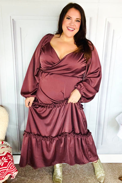 Holiday Vibes Wine Satin Front Overlap Smocked Back Maxi Dress