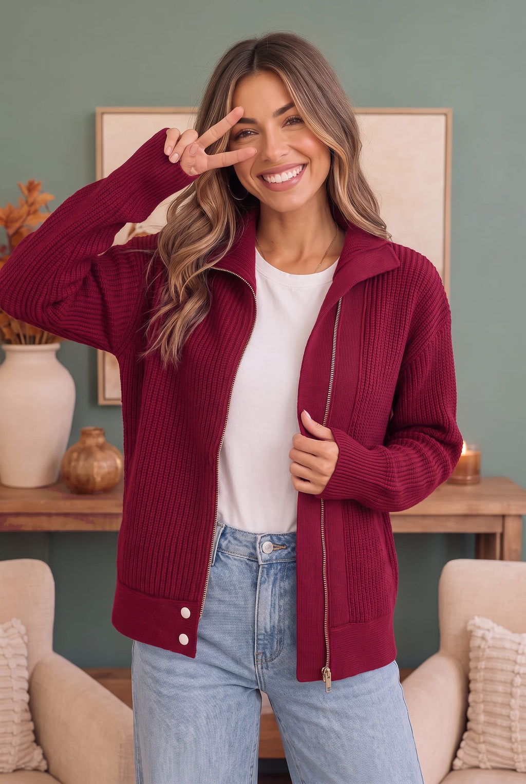 On Set Zip-Up Ribbed Sweater Jacket in Cranberry