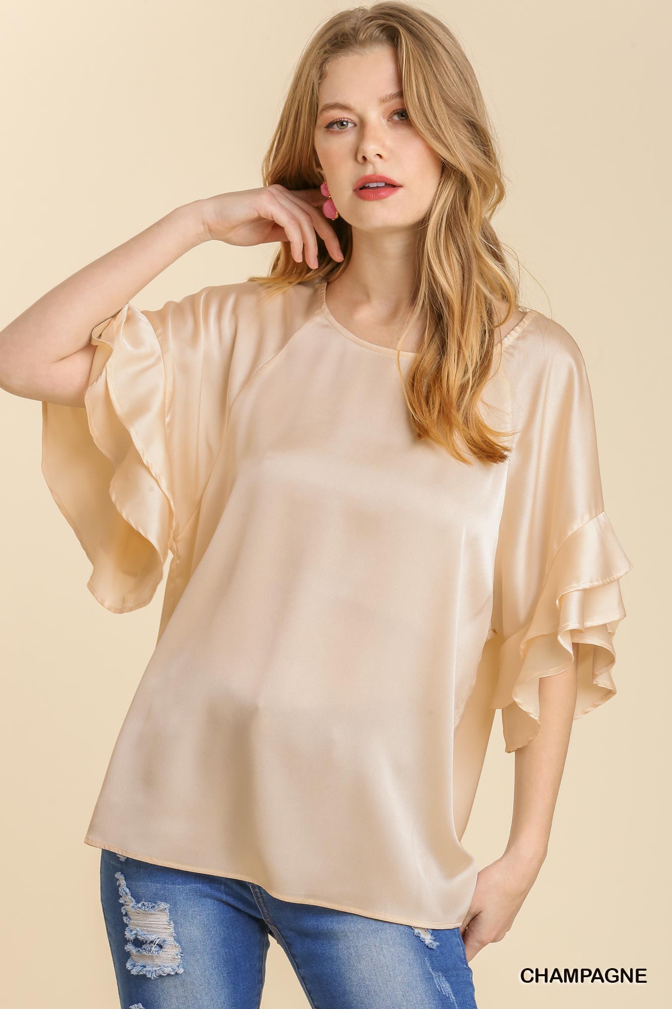 Umgee Satin Flutter Sleeve Top