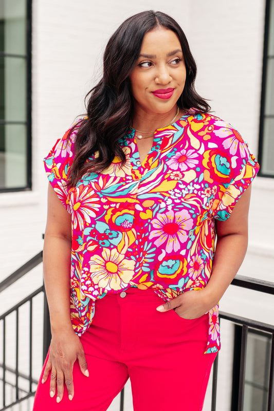 Lizzy Cap Sleeve Top Magenta and Pink Multi Floral