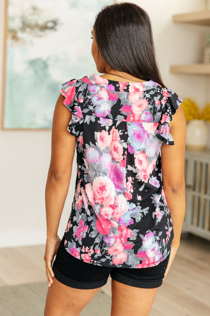 Lizzy Flutter Sleeve Top in Black and Dusty Pink Floral