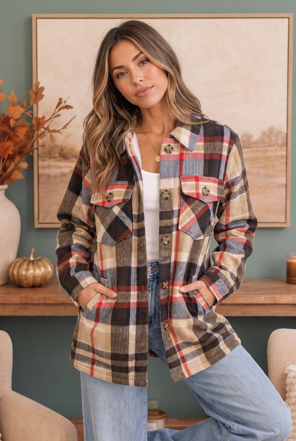 Cozy Plaid Sherpa Lined Shacket in Coffee